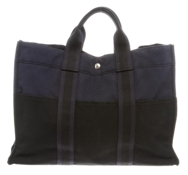 Hermes Fourre Tout And Mm Handbag Navy Blue/Black Canvas Tote
