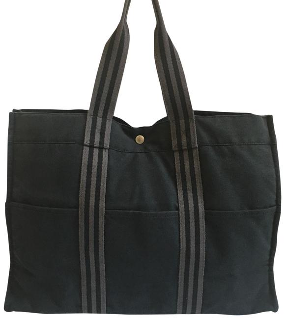 Hermes Fourre Tout Gm Black with Gray Stripes Canvas Tote
