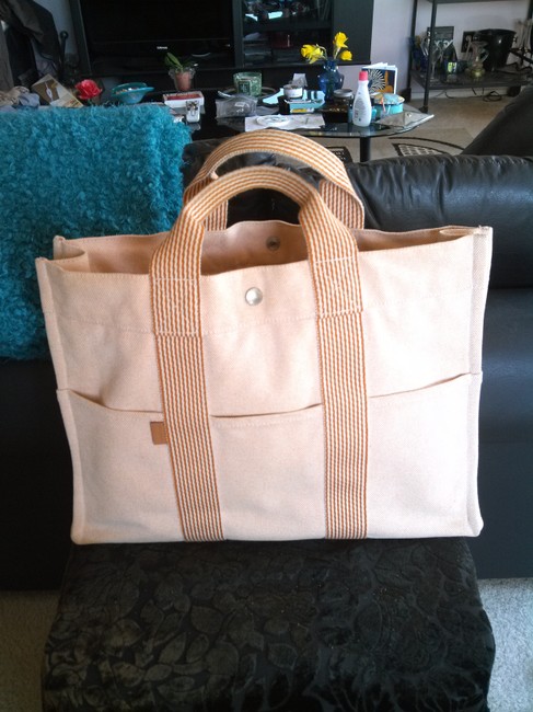 Hermes Fourre Tout Large Cream Pale Orange Weave Canvas Tote