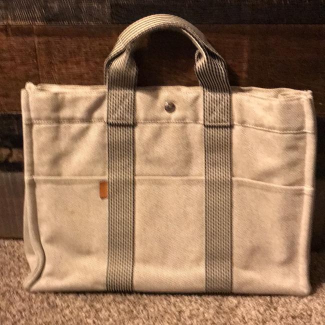 Hermes Fourre Tout Mm Grey with Black and White Stripe Handles Canvas Tote