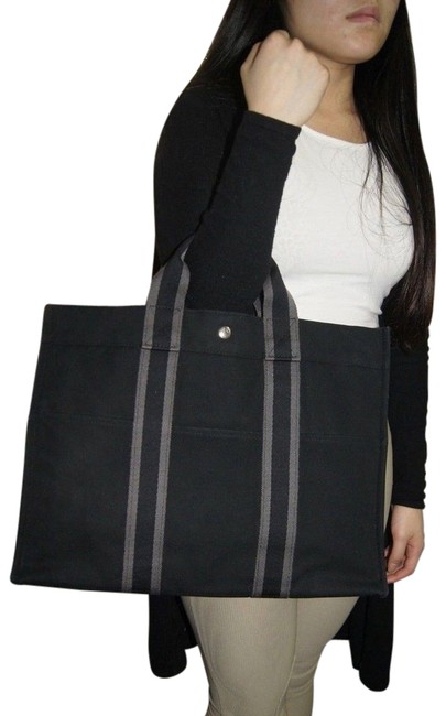 Hermes Fourre Tout Bag Navy Blue Grey H Logo Canvas Tote