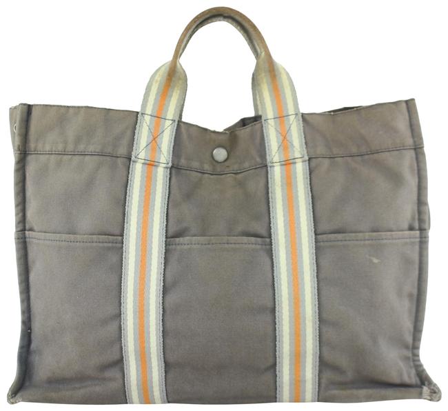 Hermes Fourre Tout Striped Mm 24hz0828 Grey Canvas Tote