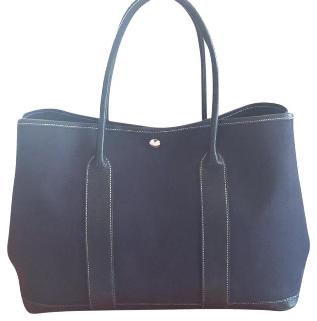 Hermes Garden 36 Navy Leather and Canvas Tote