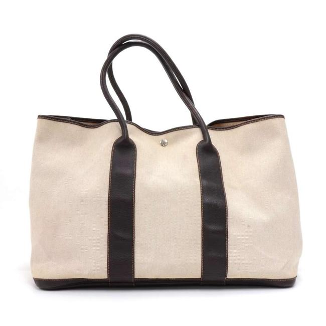 Hermes Garden Party Gm Chocolate Brown Leather Hand Beige Canvas Tote
