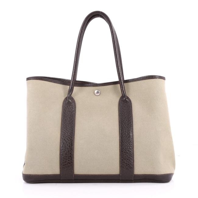 Hermes Garden Party Leather 36 Khaki Toile and Brown Tote