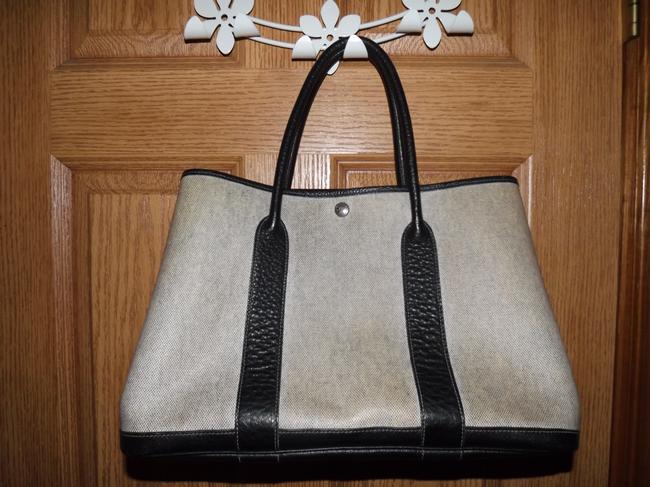 Hermes Garden Party Bag Light Gray &amp; Black Leather Trim Coated Canvas Tote