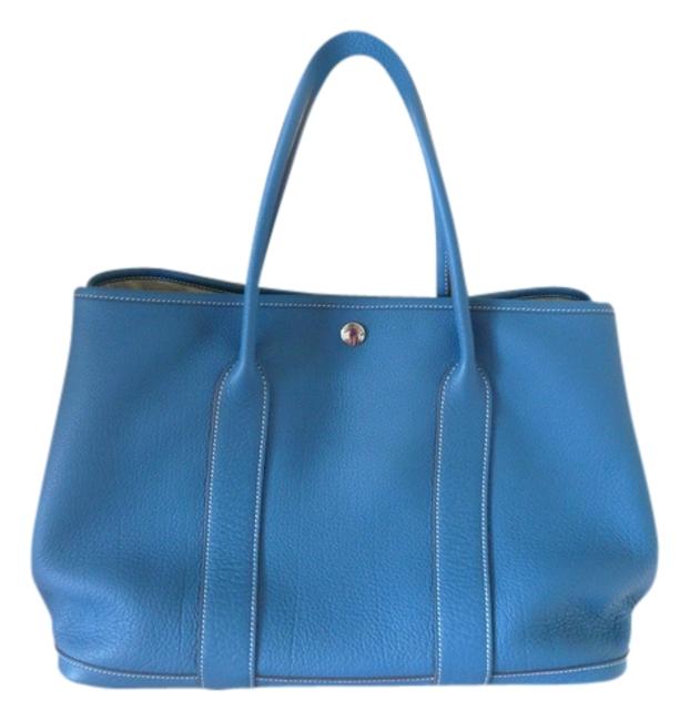 Hermes Garden Party Mm Blue Leather Tote