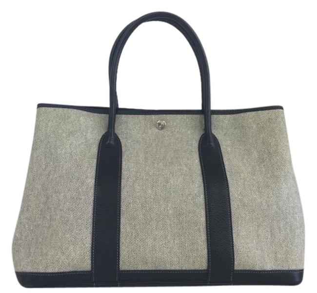 Hermes Garden Party Mm Lightgrey Canvas&amp;calfskin Tote