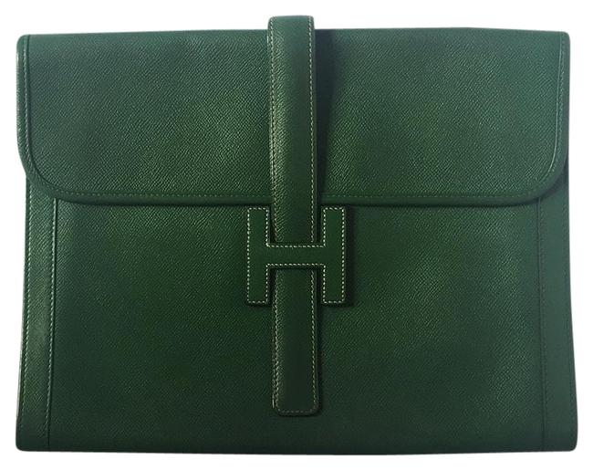 Hermes Gm Jige Green Leather Clutch