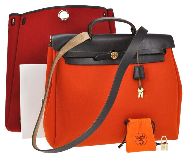 Hermes Crossbody Her 2 In One Orange/ Red Canvas &amp; Leather Shoulder Bag