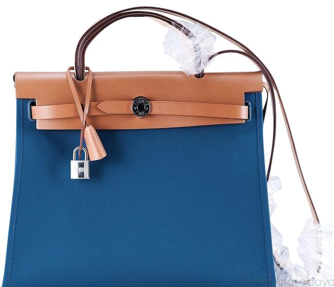 Hermes Herbag 30 Blue Camel Canvas Leather Satchel
