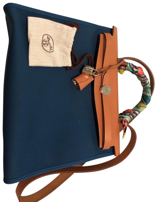 Hermes Herbag 30 Camel Canvas Leather Satchel Blue Shoulder Bag
