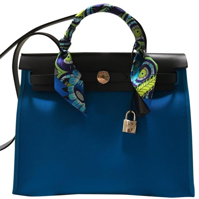 Hermes Herbag 31cm Blue Canvas / Leather Satchel