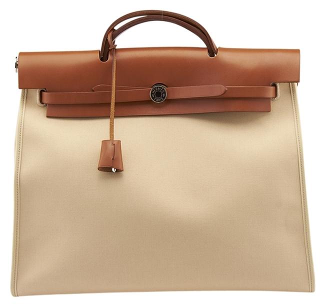 Hermes Herbag 77868 Tan &amp; Brown Canvas Leather Tote