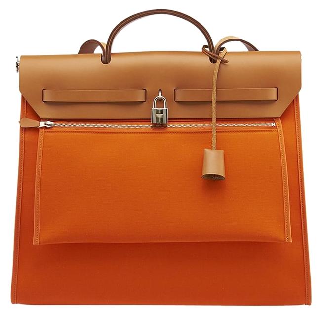 Hermes Herbag 84297 Tan &amp; Orange Canvas Leather Tote