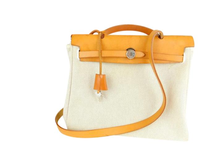Hermes Herbag Beie and Black Pouch Leather Canvas Shoulder Bag