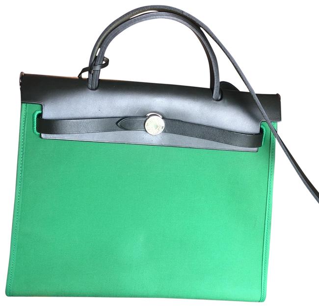 Hermes Herbag Black and Green Leather Canvas Cross Body Bag