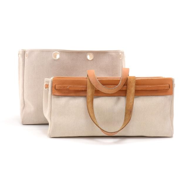 Hermes Bag Herbag Cabas 2 in 1 Size 40 Brown Leather Beige Canvas Tote