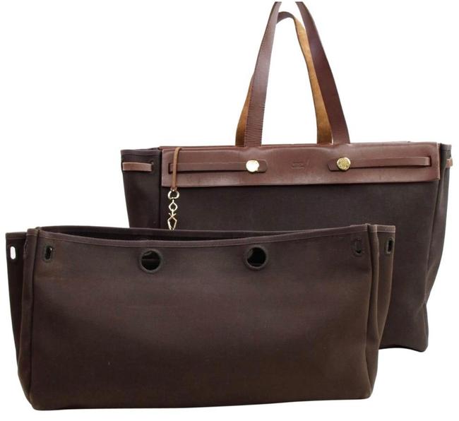 Hermes Herbag Cabas Brown Canvas Leather Tote