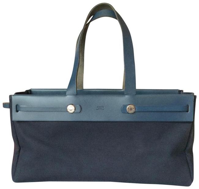 Hermes Herbag Cabas Mm Navy Blue Leather Tote