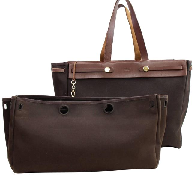 Hermes Shoulder Bag Herbag Cabas Black Canvas Leather Tote