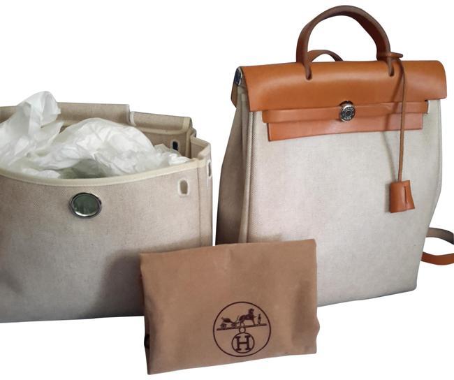 Hermes Herbag In 1 Beige Canvas Leather Backpack