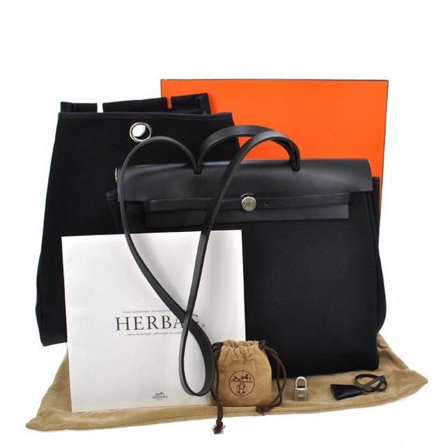 Hermes Herbag Mm 2 In Hand Black Toile Canvas Leather Shoulder Bag