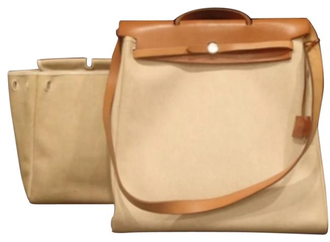 Hermes Herbag Mm Beige Leather and Canvas Tote