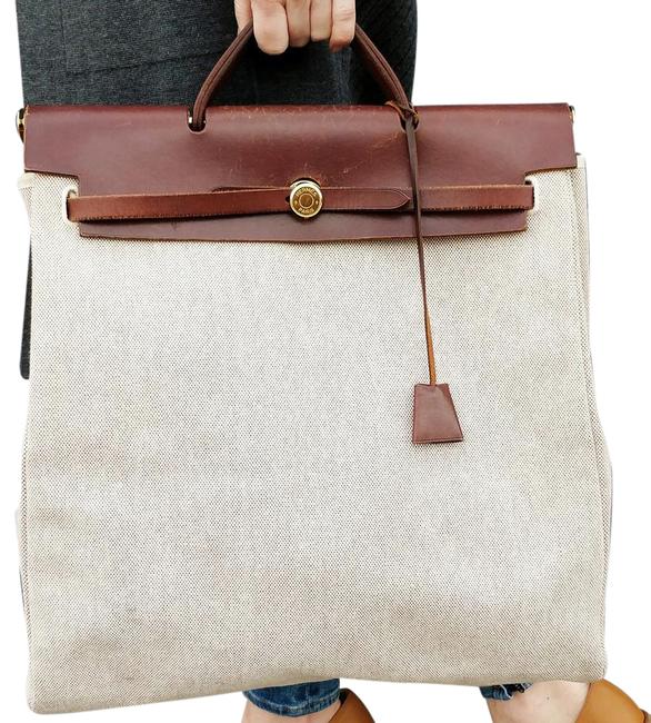 Hermes Herbag Mm Hand Strap Toile Brown Beige Canvas/Leather Shoulder Bag