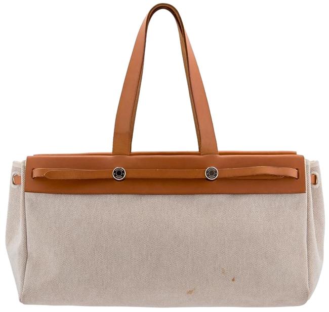 Hermes Herbag Cabas Paris Mm Natural and Saddle Leather Cream Canvas Tote