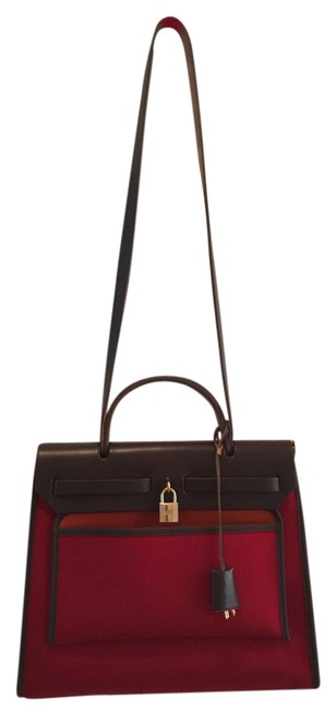 Hermes Herbag Red &amp; Orange Canvas Leather Shoulder Bag