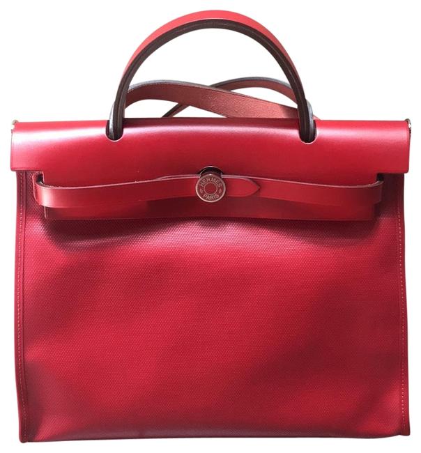 Hermes Herbag Red Coated Canvas and Leather Satchel