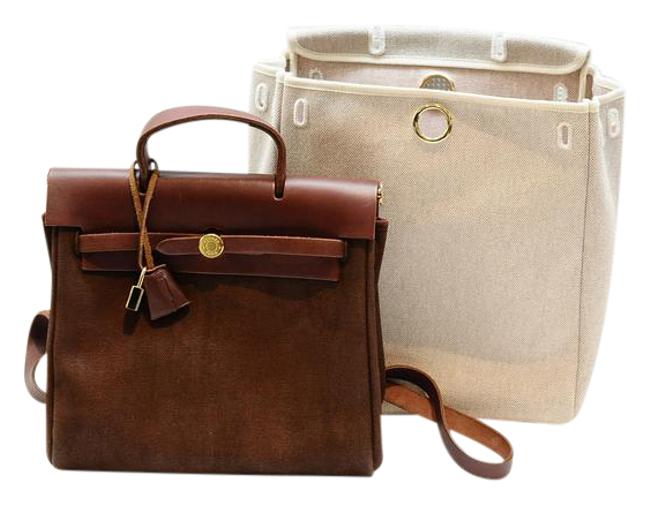 Hermes Backpack Herbag Toile Gm 2 In 1 Brown Canvas Tote