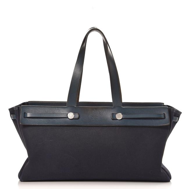 Hermes Bag Herbag Cabas Toile Navy Blue Leather Tote