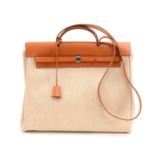 Hermes Herbag Vintage Mm Zip Brown Leather Beige Canvas Shoulder Bag