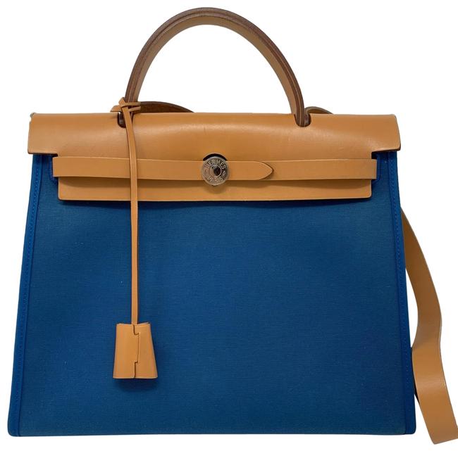 Hermes Herbag Zip 31 Pm / Blue Izmir/ Natural Canvas Tote