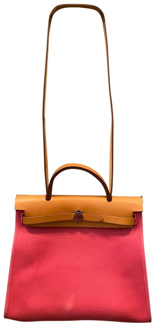 Hermes Herbag Zip Lipstick Rose Pink Leather and Canvas Shoulder Bag