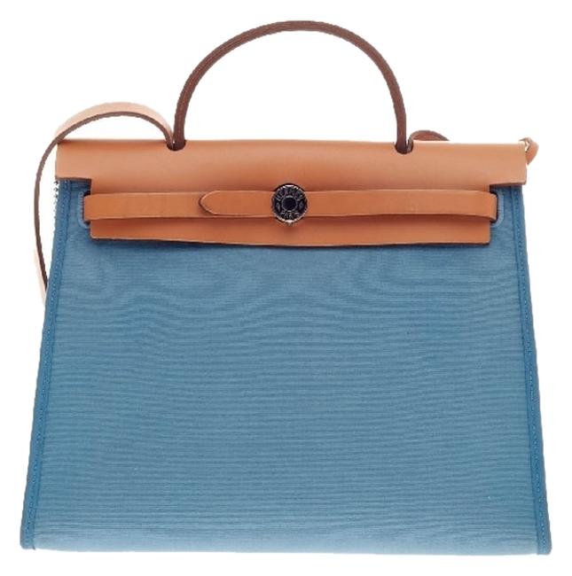 Hermes Herbag Zip Pm Blue Leather and Canvas Tote