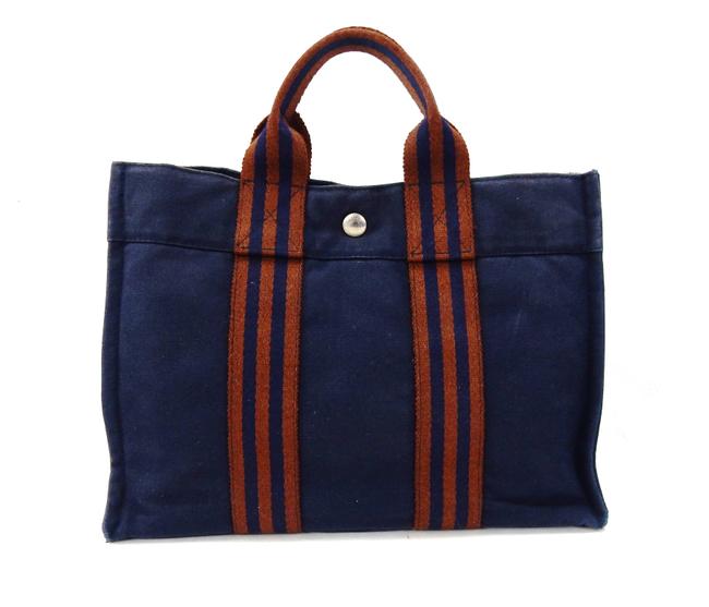 Hermes Herline Pm Blue and Brown Canvas Tote