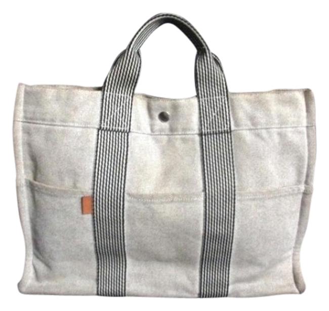 Hermes Herringbone 205212 Ivory X Black Canvas Tote