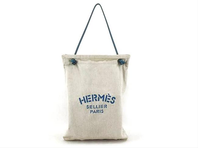 Hermes Herringbone Aline Grooming 212861 Natural X Blue Coated Canvas Tote