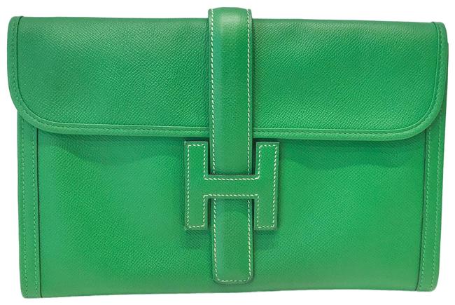 Hermes Jige Pm Epsom Green Leather Clutch