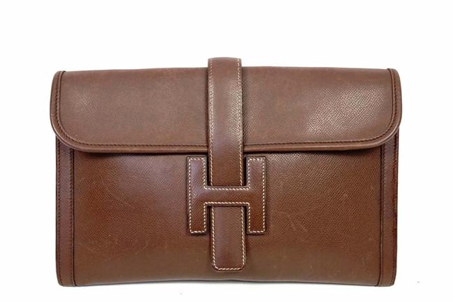 Hermes Calf Jige Pm Purse Handbag Brown Leather Clutch