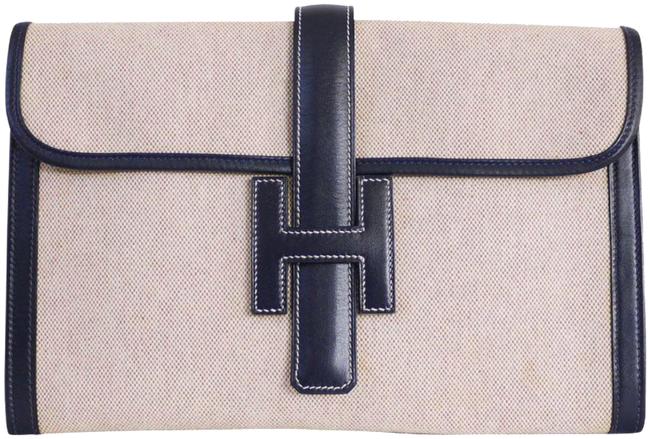 Hermes Jige Sale Pm Navy Beige Canvas Clutch