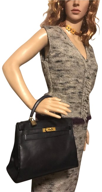 Hermes Kelly 28 Black Dark Navy Leather Tote
