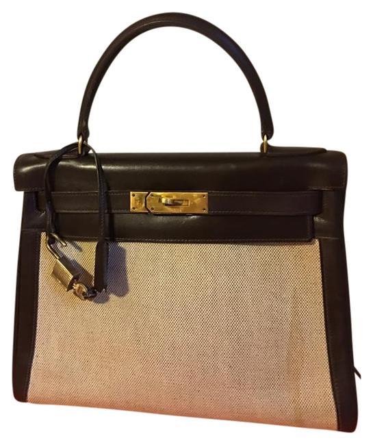 Hermes Kelly Box 28 Stitch Calf/Toile H Brown Tote