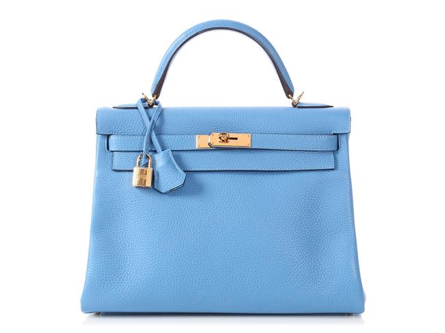 Hermes Kelly 32 Clemence Bleu Paradis Blue Leather Shoulder Bag