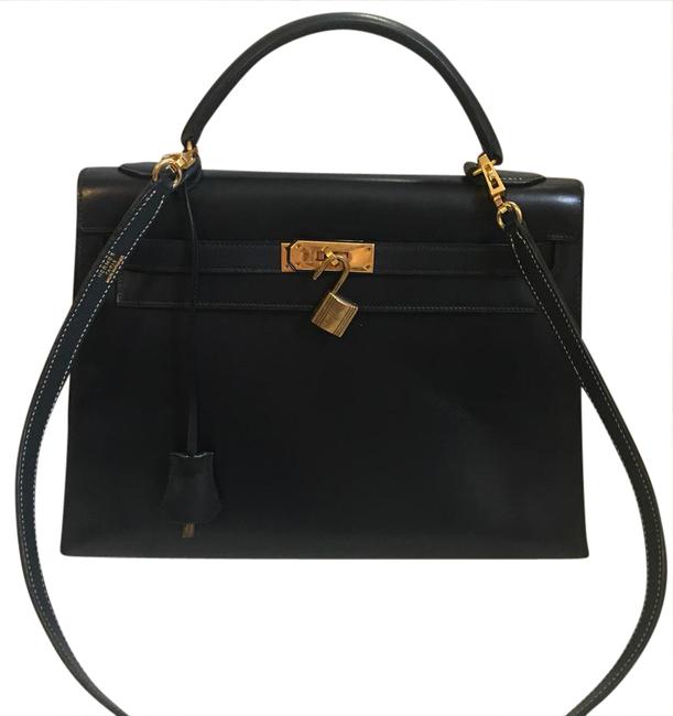 Hermes Kelly 32 Dark Navy Blue Box Calf Leather Satchel