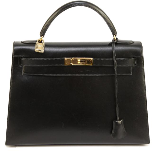 Hermes Kelly 32 Sellier Vintage Hw Black Gold Box Leather Satchel