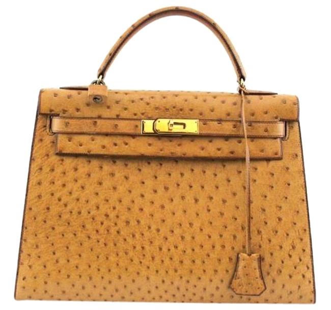 Hermes Kelly #8812 Gold Ostrich Leather Satchel